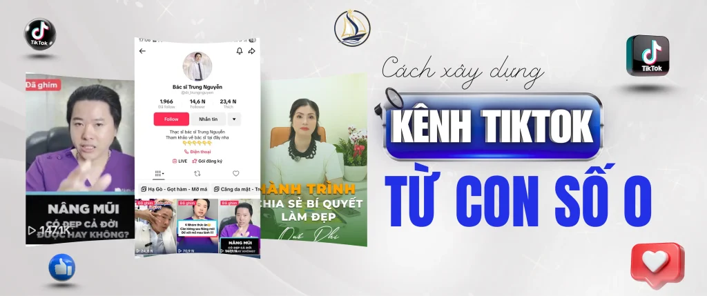 Infographic minh họa các bước xây dựng kênh TikTok từ 0: tối ưu hồ sơ, nghiên cứu khách hàng, lập kế hoạch nội dung, sáng tạo video, chọn trend & nhạc nền, hashtag, tăng tương tác, influencer marketing, TikTok Ads, giúp tiếp cận khách hàng mục tiêu hiệu quả.