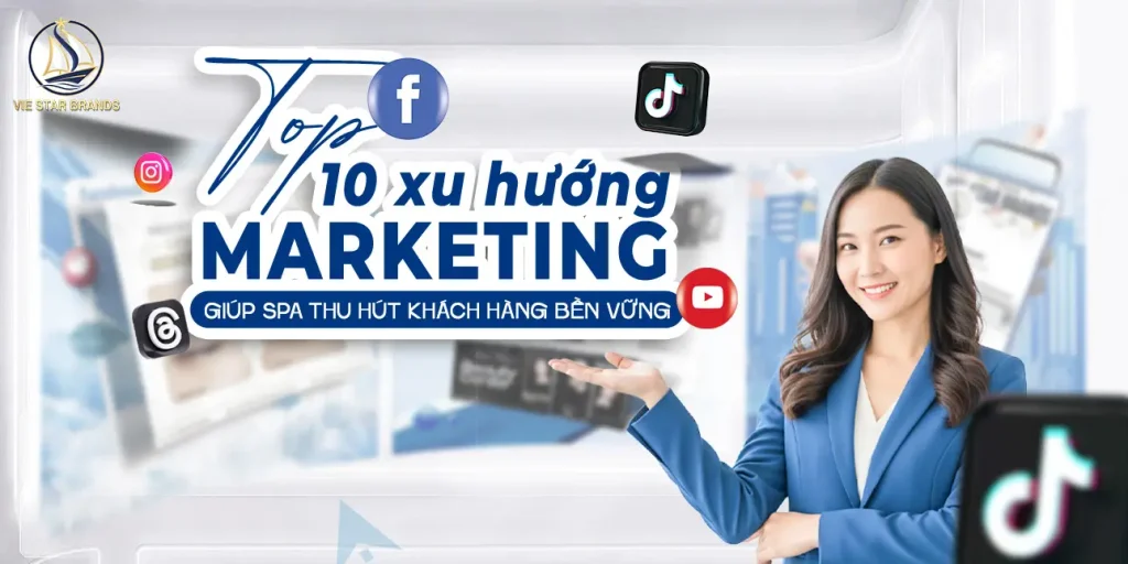 Hình minh họa tổng quan các xu hướng marketing 2025 cho spa và thẩm mỹ viện, bao gồm marketing số, cá nhân hóa trải nghiệm và nội dung lan truyền trên mạng xã hội.